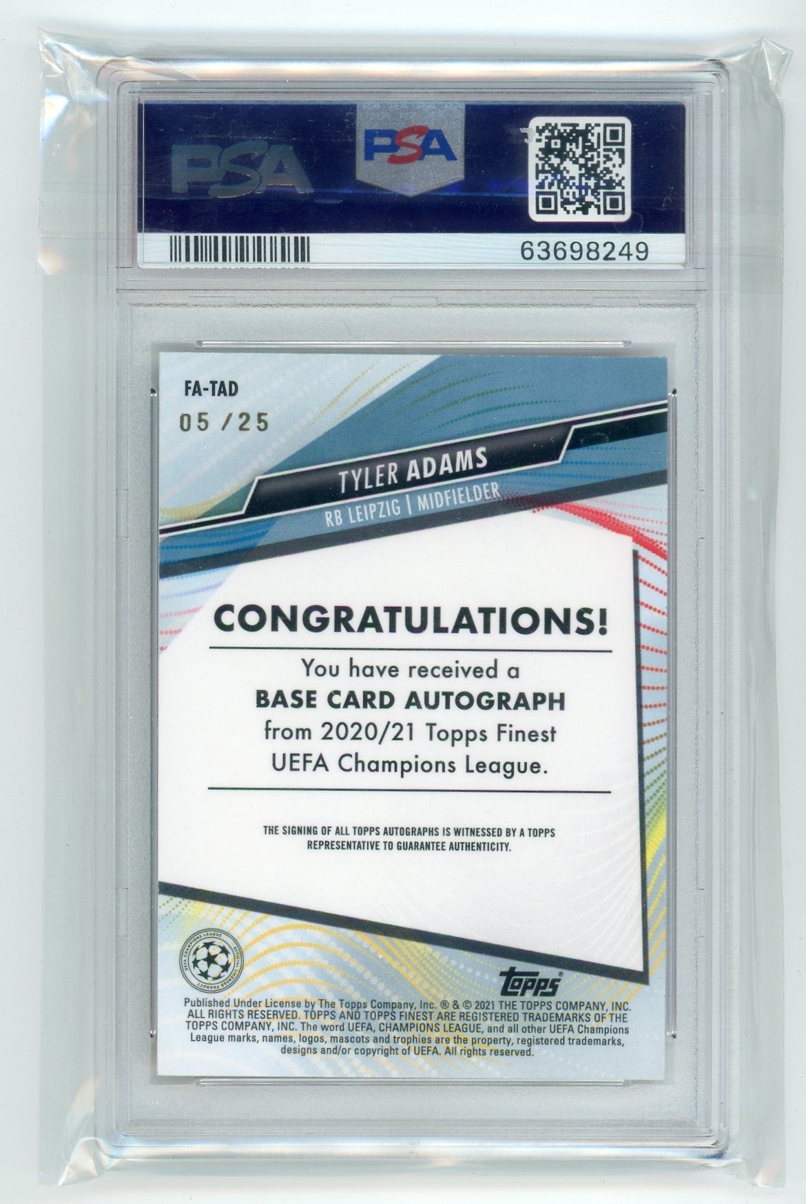 Tyler Adams 2020 Topps Finest UEFA Champions League Autographs Orange PSA 8 #'d 05/25