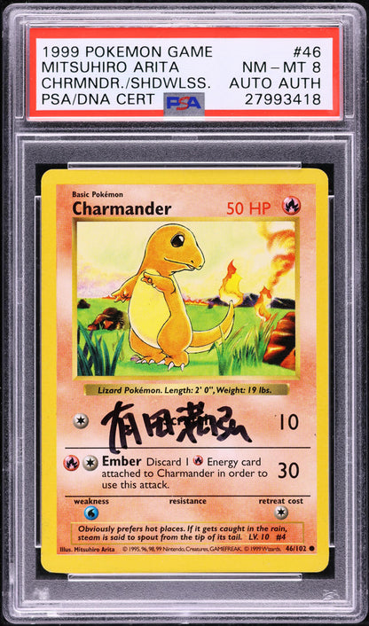 1999 POKEMON BASE SET SHADOWLESS CHARMANDER #46 ARITA AUTO AUTH PSA 8