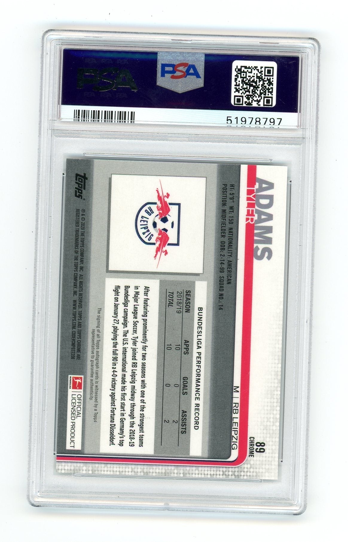 Tyler Adams 2019 Topps Chrome Bundesliga Base Autograph PSA 10