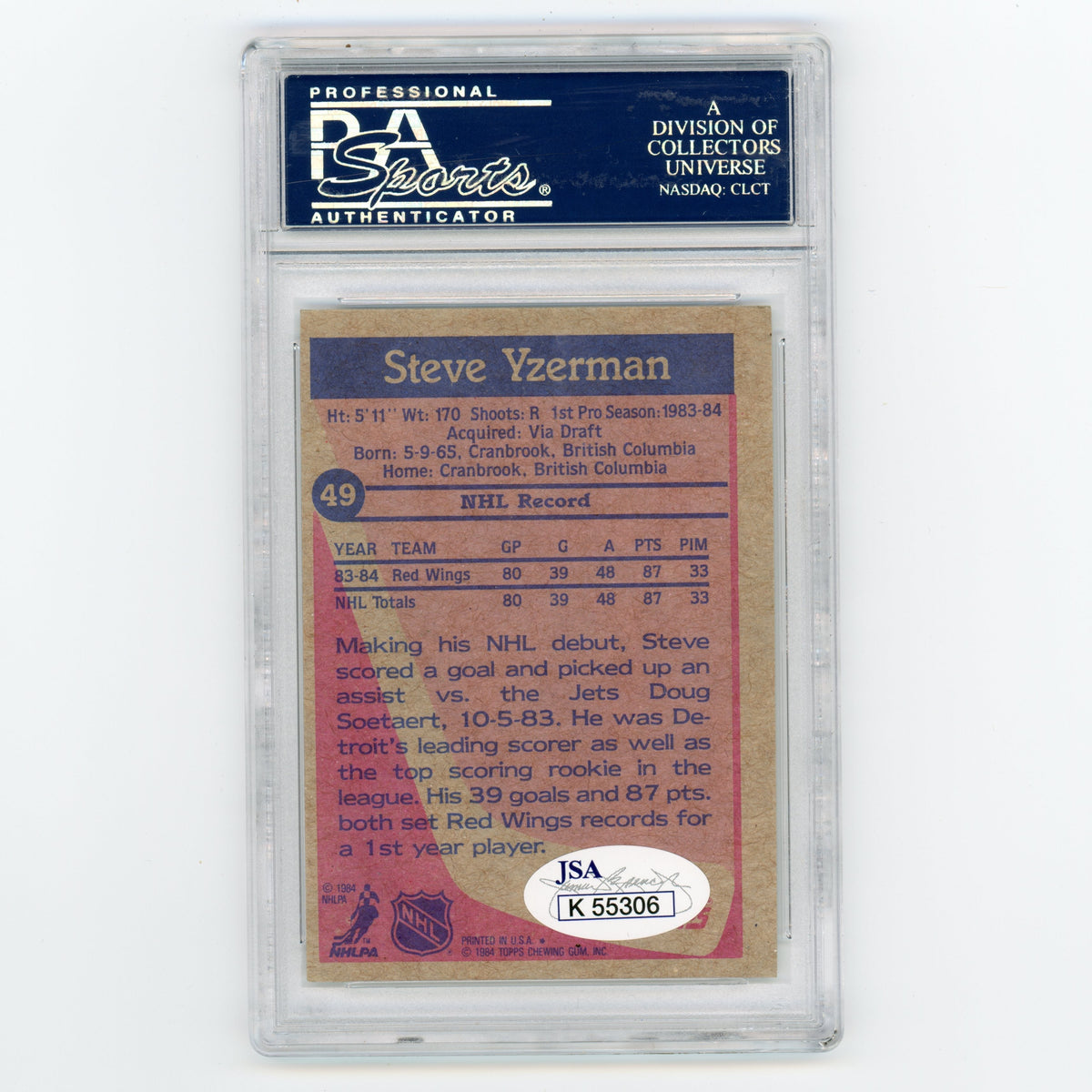 1984 TOPPS Steve Yzerman #49 PSA/DNA Certified Authentic Auto (Case has edge cracks)  (#MW8029)